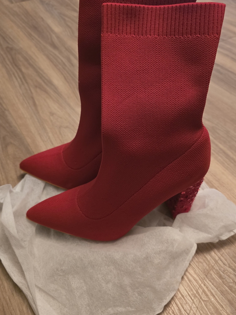 Red Knit Pointed-Toe Sock Boot with Embellished Block Heel - Women